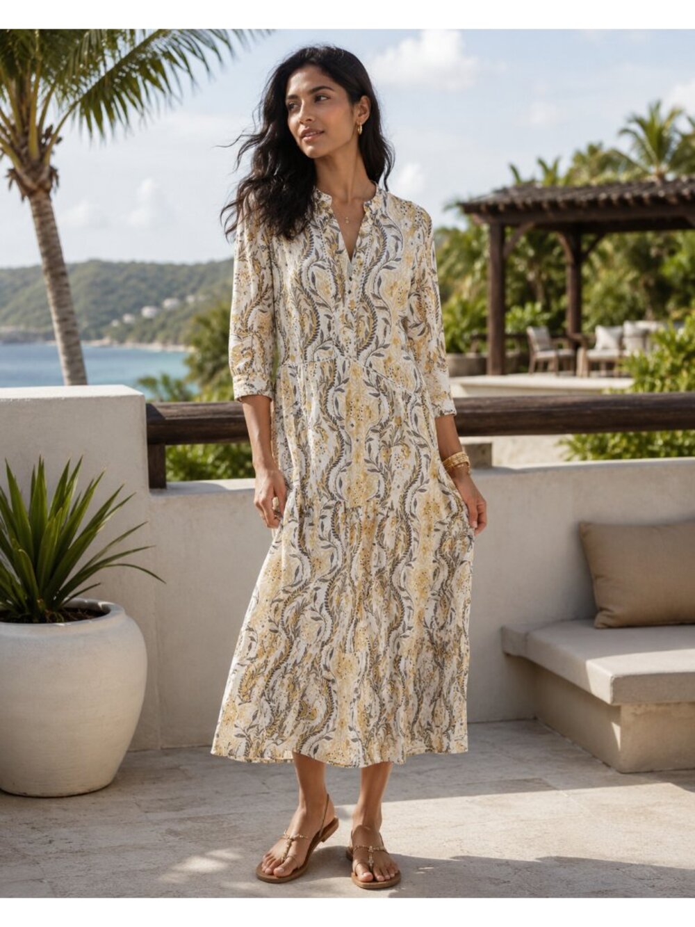 Mint Velvet Palm Print Midi Dress Size 10 V-Neck Holiday Tropical New NWT Cream
